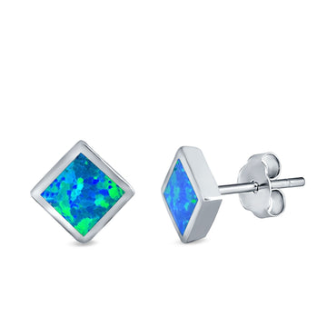 Square Solitaire Stud Earrings Lab Created Blue Opal 925 Sterling Silver (6mm)